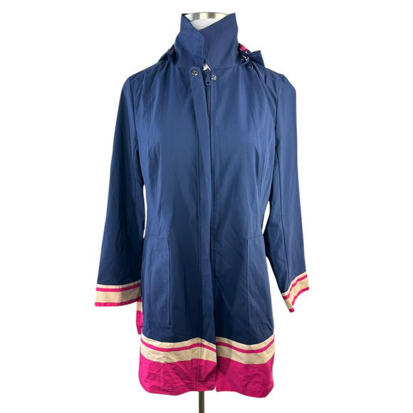 Chico's Hooded Rain Jacket Pleated Back Striped Hem Full Zip Navy Sz 2 US 12/14 - Picture 5 of 15